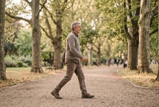 Älterer Mann geht zügig auf einem Weg im Park