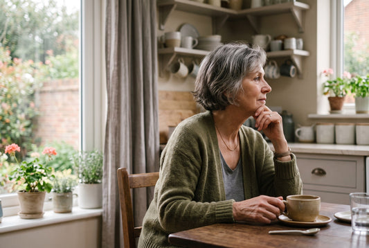 Ältere Frau im Gespräch am Kaffeetisch, die Hand nachdenklich am Kinn