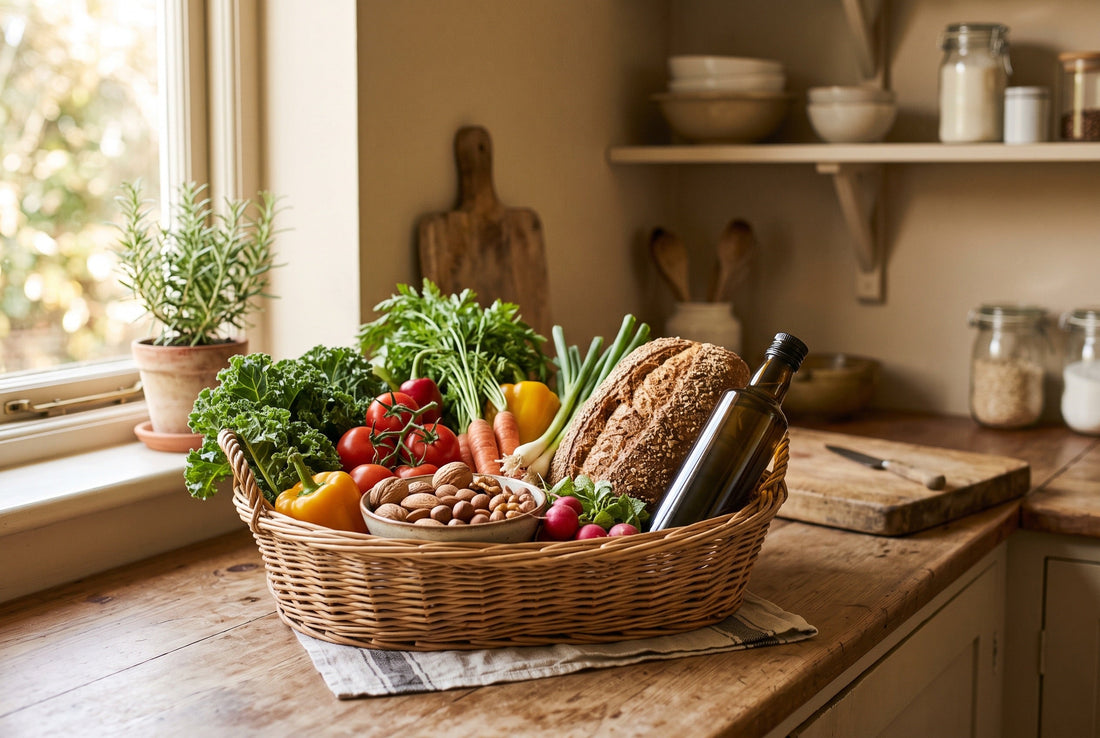 Korb mit Gemüse, Olivenöl, Nüssen und Vollkornbrot auf einer Arbeitsplatte