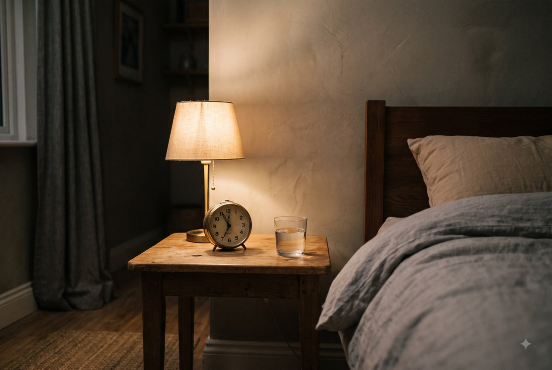 Nachttisch mit Wecker und einer kleinen eingeschalteten Lampe