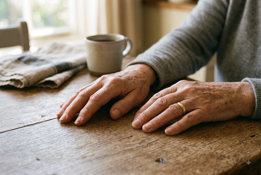 Hände einer älteren Person mit deutlich verdickten Fingermittelgelenken