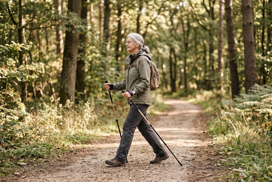 Ältere Frau geht mit Walkingstöcken auf einem Waldweg